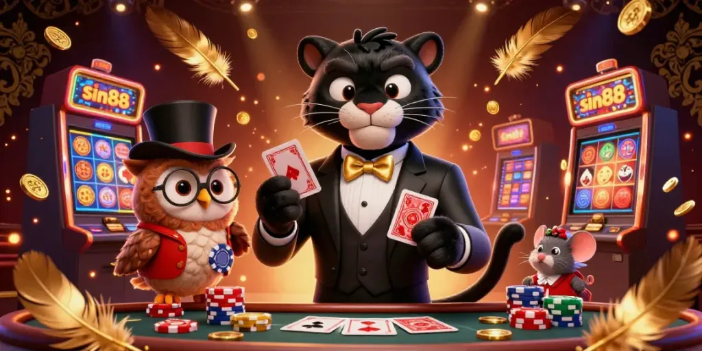 Experience thrilling gameplay at sin88 with a tuxedo-clad black panther dealing cards in an exciting casino scene.