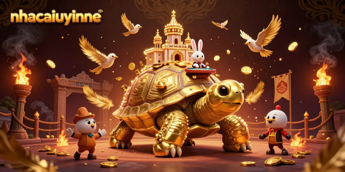 Experience thrilling moments in the nhacaiuytinne casino with golden tortoise and flying coins.