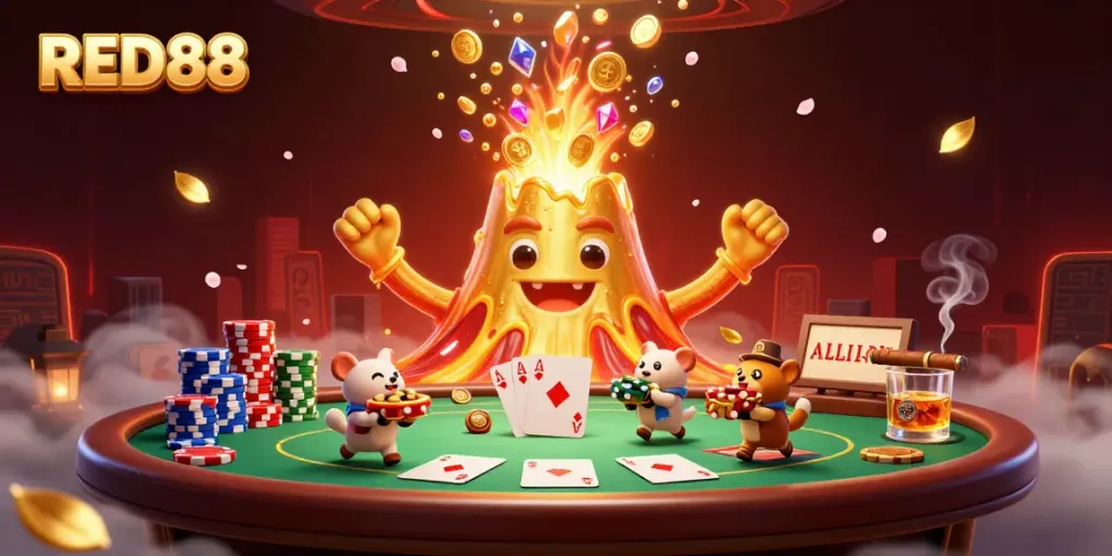 Engage with thrilling games at RED88 as golden volcano erupts with treasures amidst vibrant casino elements.