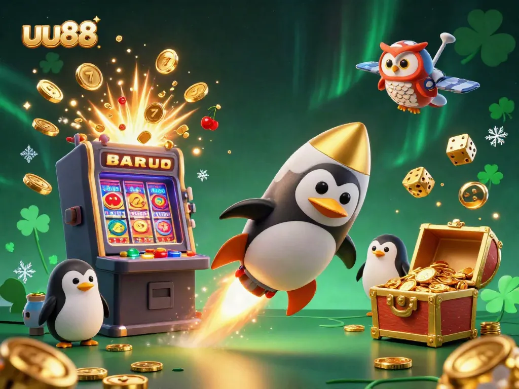 Experience excitement with uu88's vibrant casino scene featuring a golden penguin, dynamic game elements, and celebratory visuals.