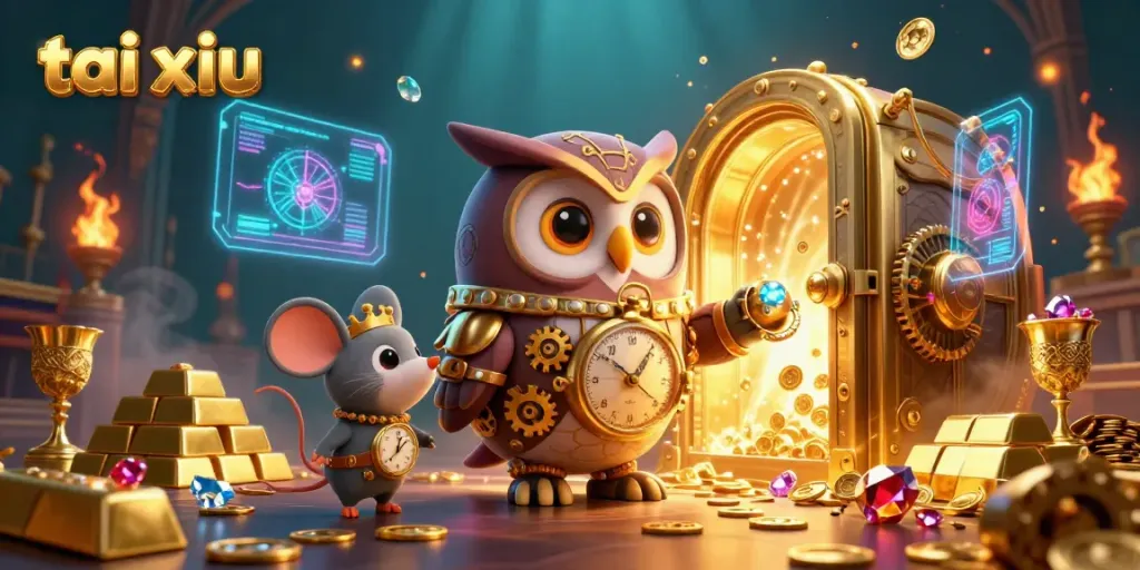 Experience the thrill of tai xiu with this vibrant 3D casino illustration showcasing treasures and a time-traveler owl.