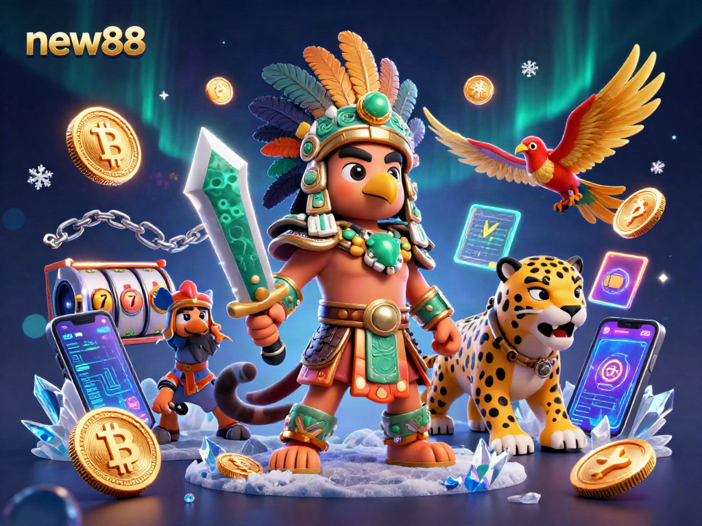 Engage in thrilling victories with new88 through vibrant casino experiences in this dynamic illustration.