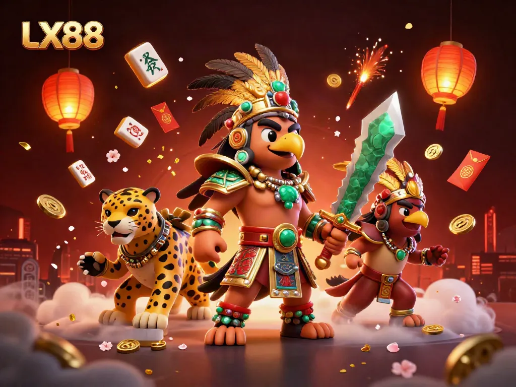 Experience thrilling gaming with LX88's vibrant 3D illustration of an Aztec warrior amidst colorful casino elements.