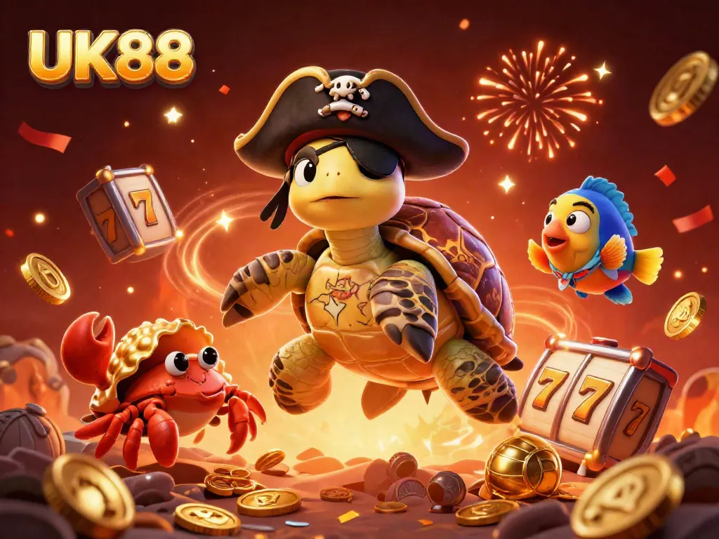 Experience the excitement of UK88 with a pirate turtle treasure hunt in a vibrant 3D casino scene.