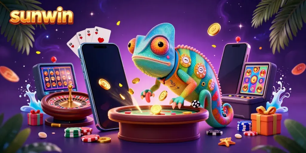 Engage with the vibrant sunwin casino scene featuring a chameleon owner amid golden coins and slots.