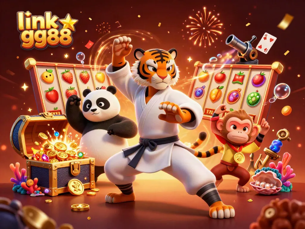 Engage with diverse gaming at link gg88, featuring a dynamic 3D scene of cartoon characters celebrating with vibrant casino-themed elements.