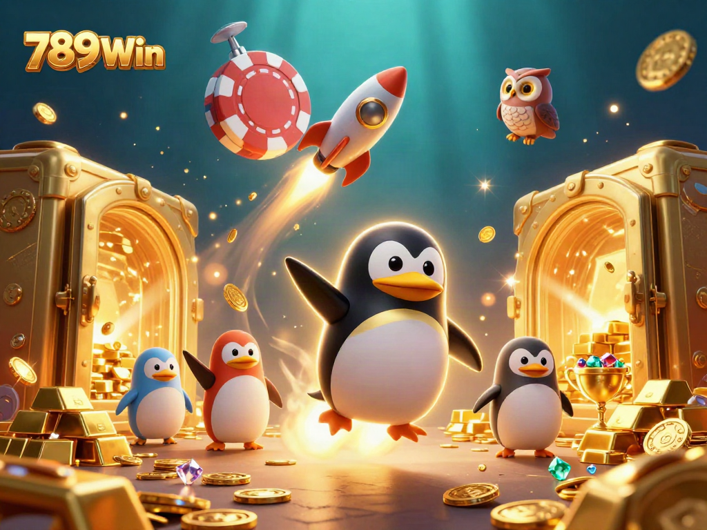 Experience thrilling gameplay at 789Win with a dynamic scene of a golden penguin flying toward a casino space station.