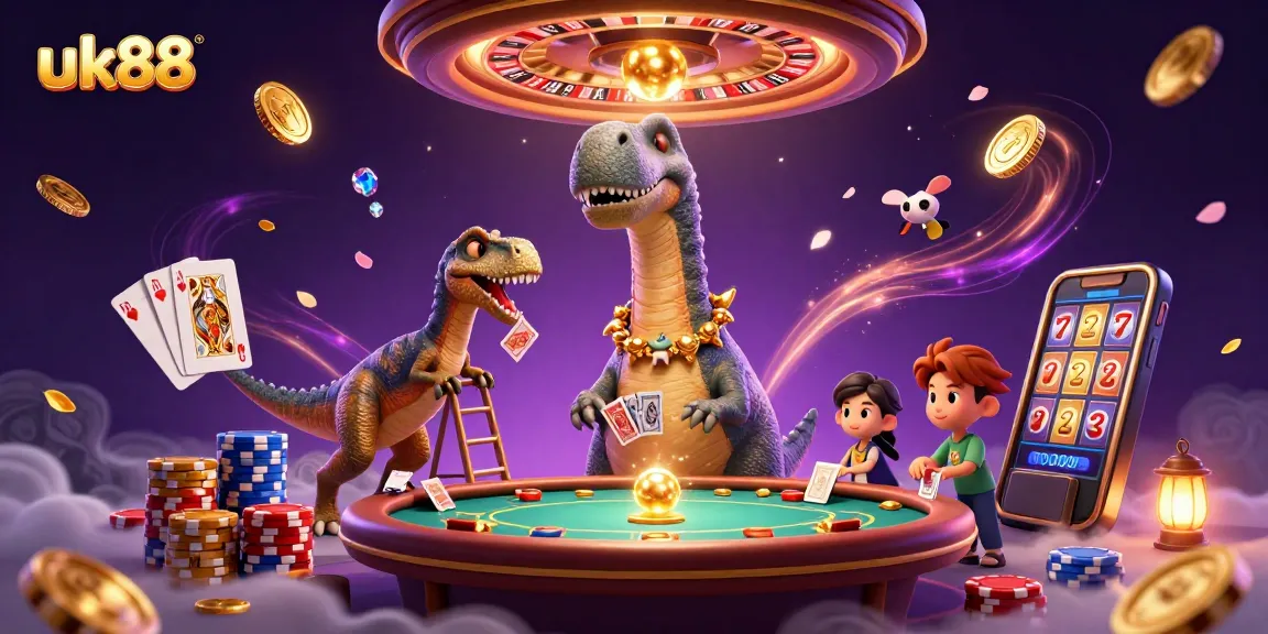 uk88 players enjoying thrilling casino games with a giant brontosaurus in action