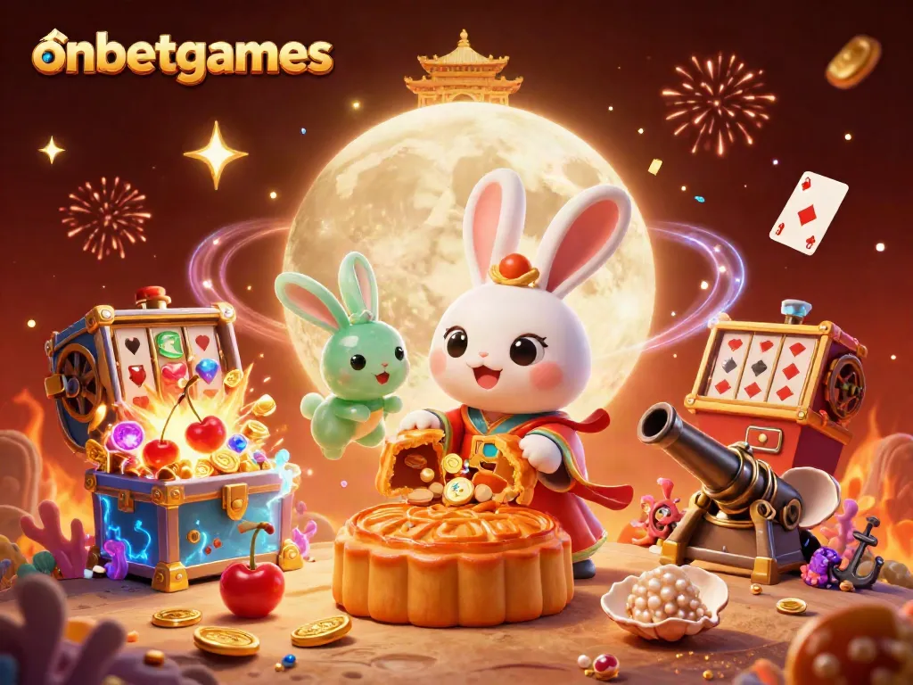 Spin and win with onbetgames in this vibrant casino-themed lunar celebration scene filled with poker elements.