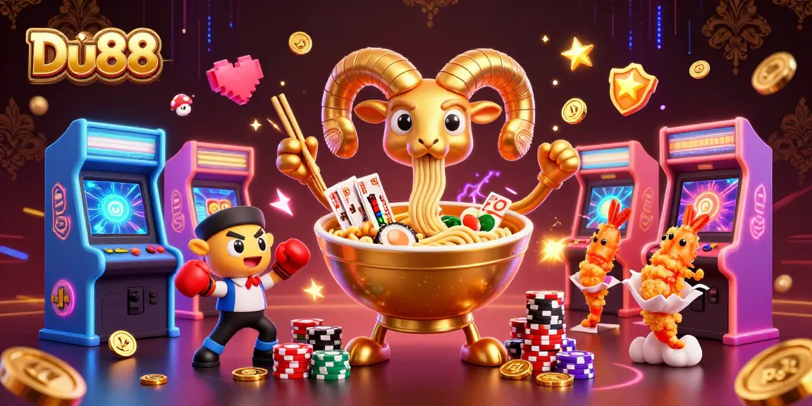 Engage with Du88 at a lively casino scene featuring cartoon characters and vibrant gaming elements.