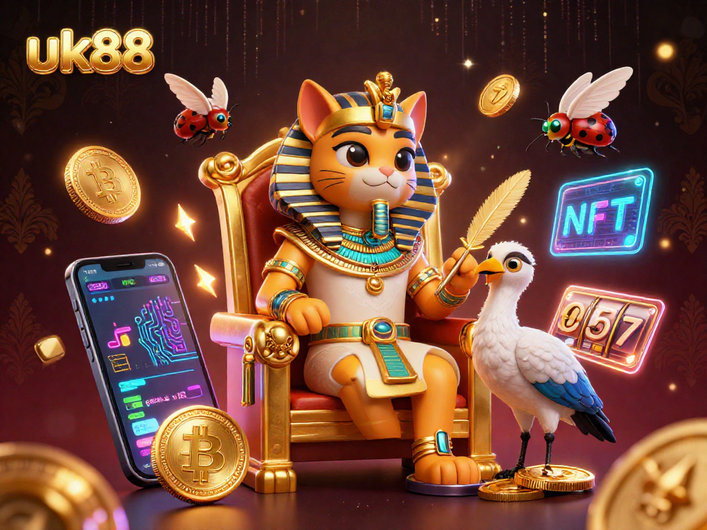 Engage in winning strategies with uk88 at a dynamic casino illustrated scene featuring a pharaoh cat.