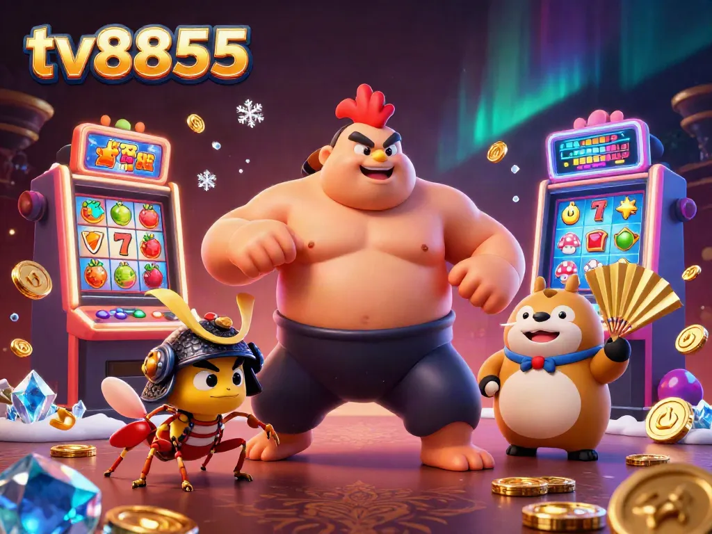 Experience thrilling gameplay at tv8855 with an epic scene featuring a sumo wrestler, samurai cricket, and tanuki announcer.