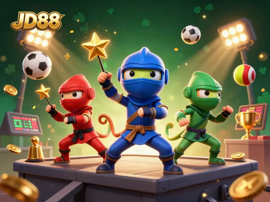 JD88 ninja chameleons in martial arts poses with vibrant sports betting elements, creating excitement and engagement.