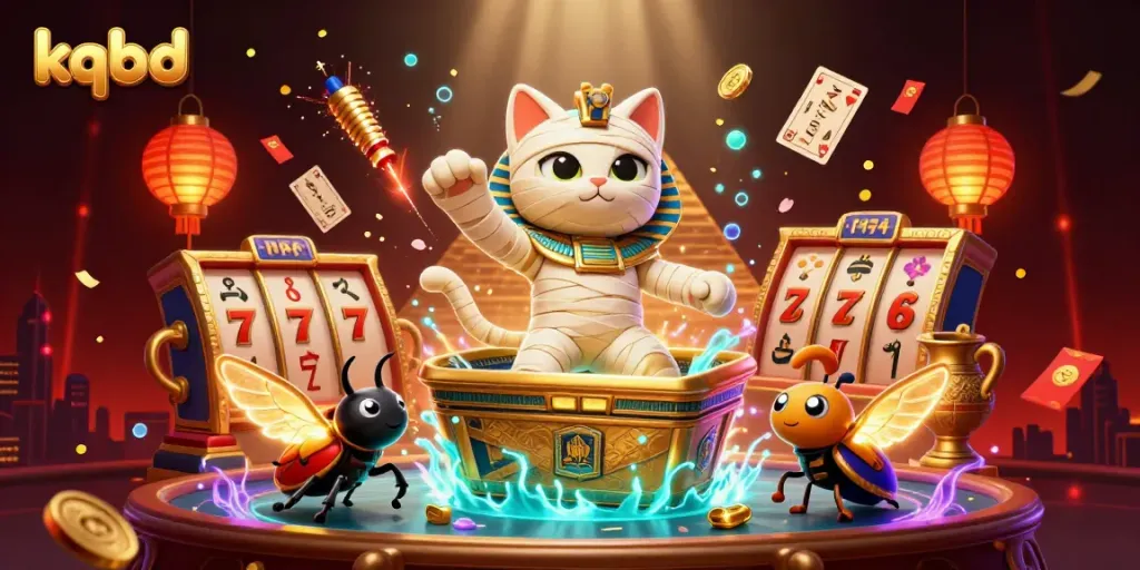 Experience kqbd with a dynamic casino illustration featuring a mummy cat and glowing elements.