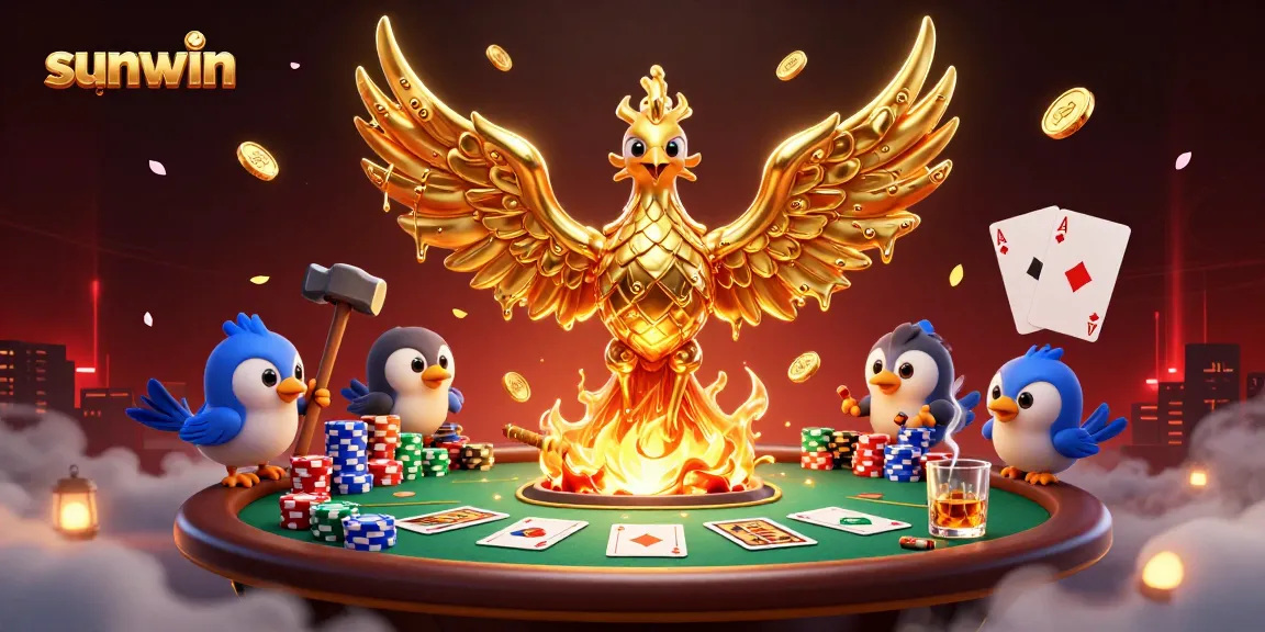 Boost your chances with Sunwin's gaming, featuring a golden phoenix and poker elements.