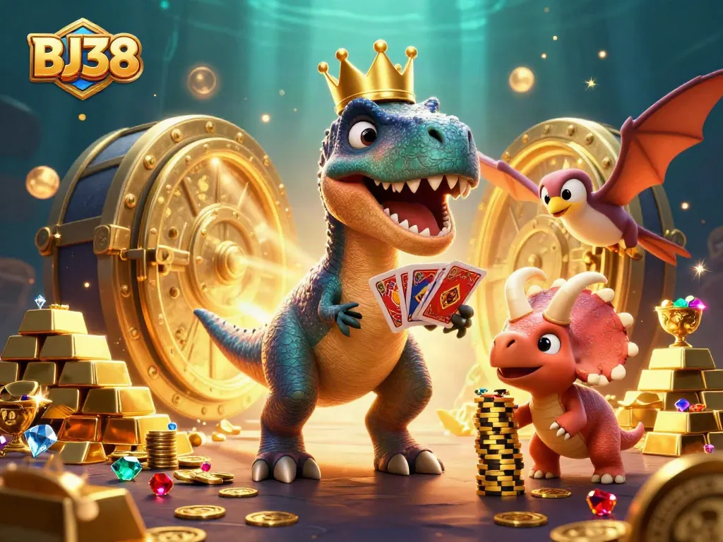 Engage in thrilling gameplay at BJ38 with friendly dinosaur characters and vibrant casino elements.