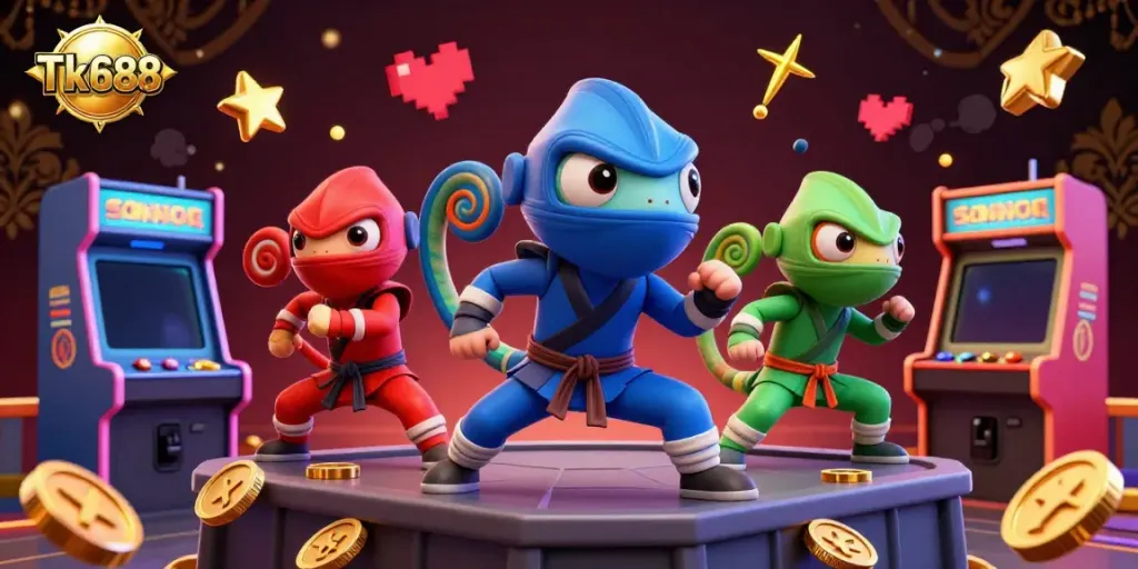 Experience thrilling gameplay with Tk688 as a ninja chameleon team engages in martial arts over glowing arcade machines.