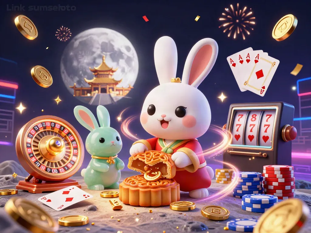 Experience the excitement of Link sumseltoto with a moon rabbit pounding mooncakes and poker chips in a vibrant casino scene.