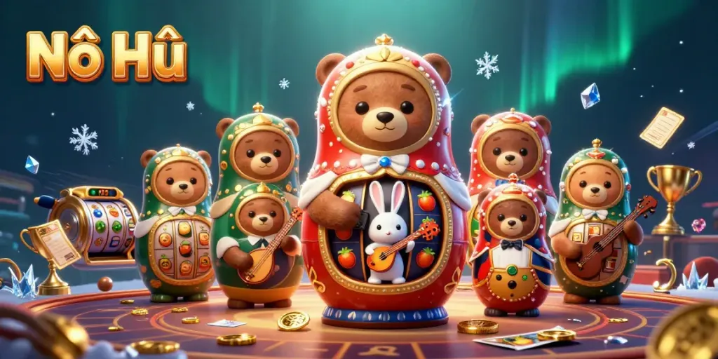 Experience the excitement of Nổ Hũ with an engaging scene of cartoon casino elements, cheerful bears, and more.