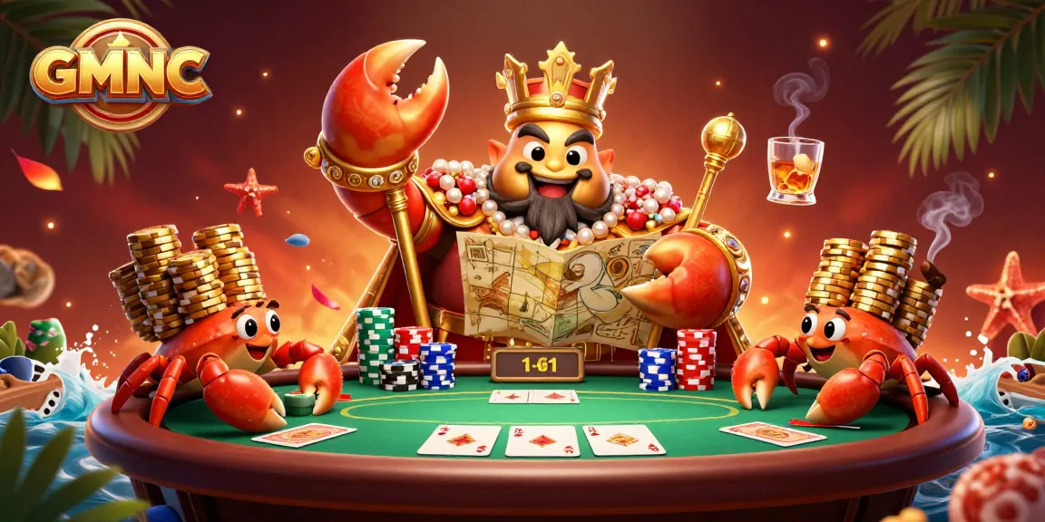 Engage with GMNC's vibrant casino scene featuring a golden crab emperor, poker chips, and action-packed elements.