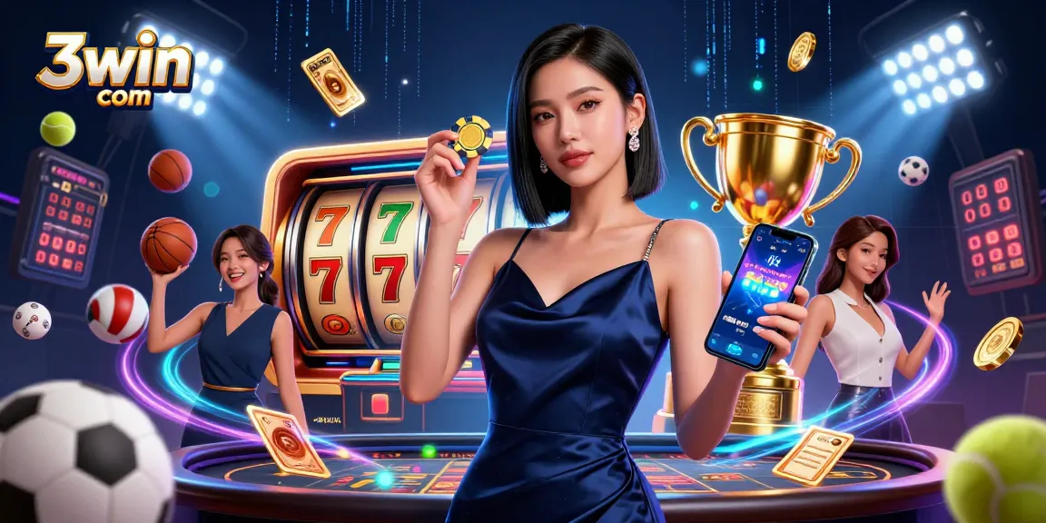Engage with thrilling slots at 3win com, featuring a confident woman showcasing a gambling app.