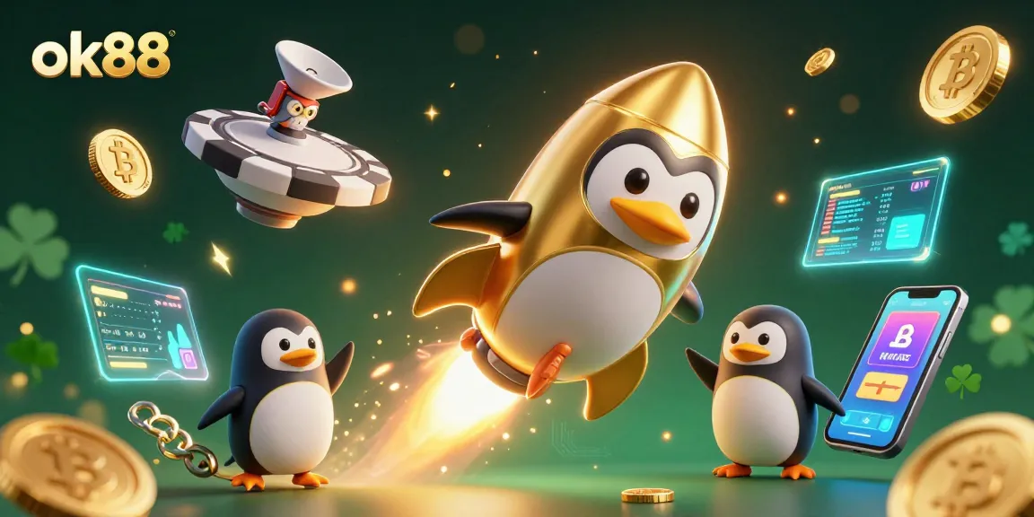 Engage in dynamic gaming interaction at ok88, featuring a rocket-powered penguin powering through the galaxy.