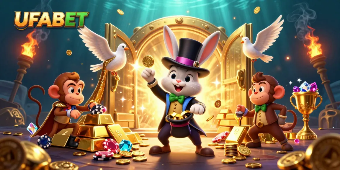 Experience the thrill of winning with UFABET as the magician rabbit pulls golden coins from a top hat amidst dazzling casino elements.