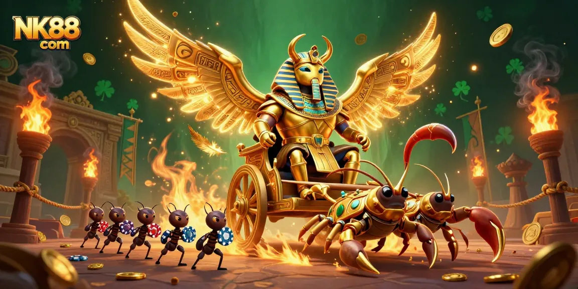 Engage in thrilling casino gameplay at NK88 com with dynamic 3D characters in a vibrant, richly detailed illustration.