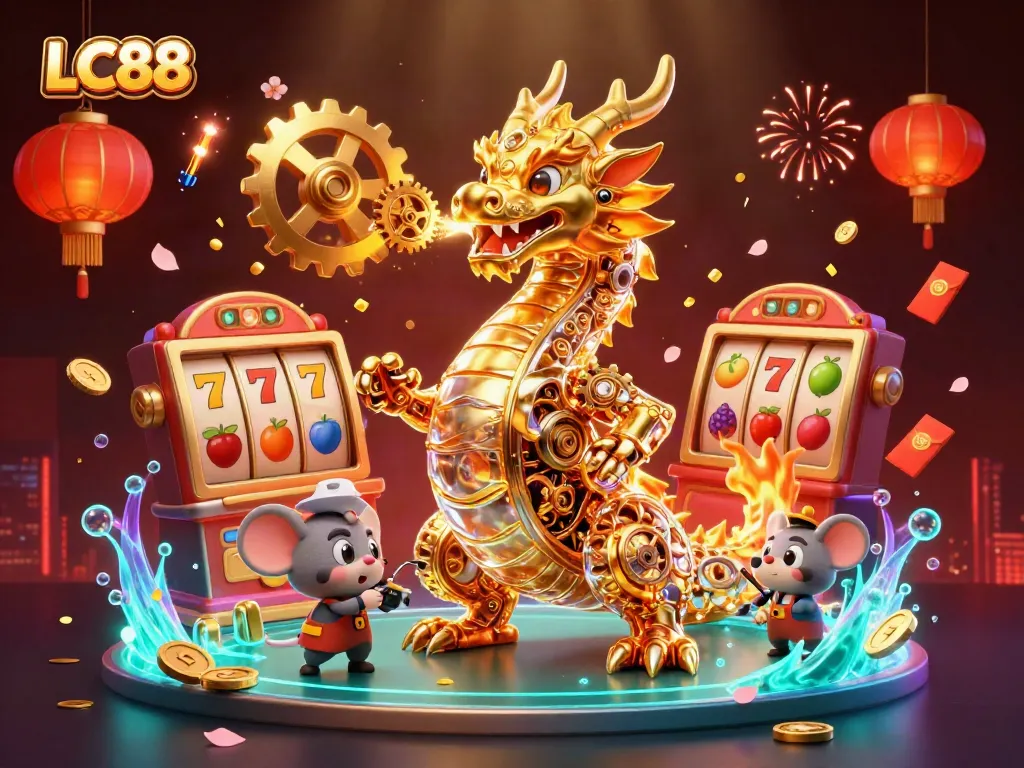 Experience the thrilling world of LC88 with a dynamic casino scene featuring a golden dragon.