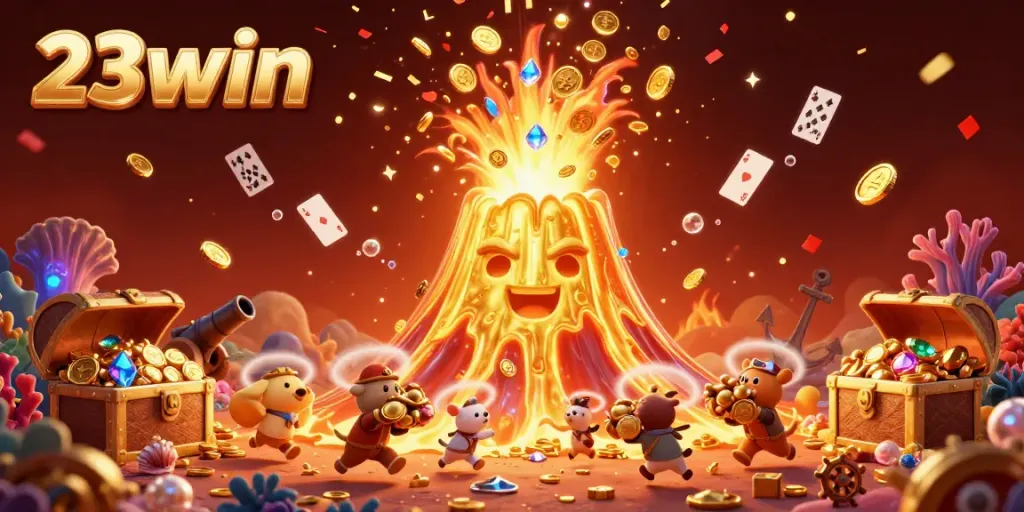 Experience the thrill of 23win with a golden volcano erupting gems and coins in this vibrant 3D casino scene.