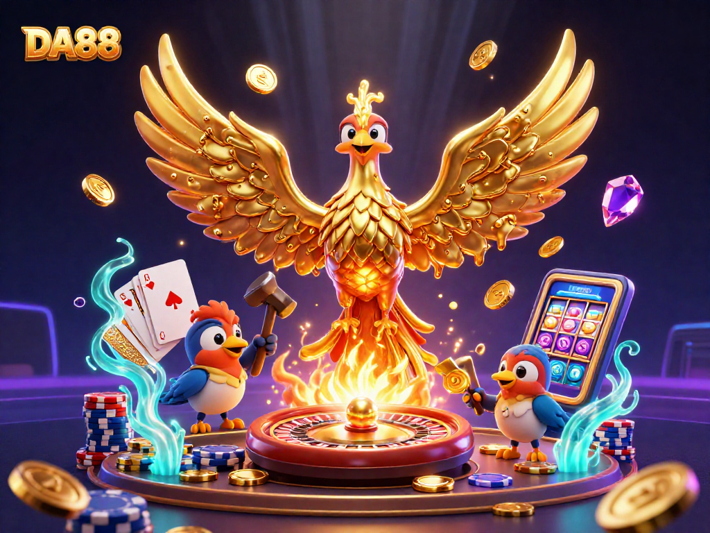 Win big with DA88's golden phoenix among cascading coins and sparkling gems!