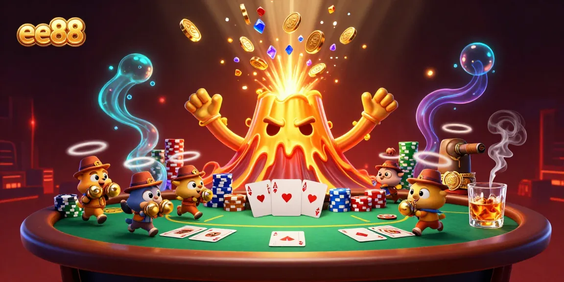 ee88 casino critical poker scene with a golden volcano erupting treasures and explorers