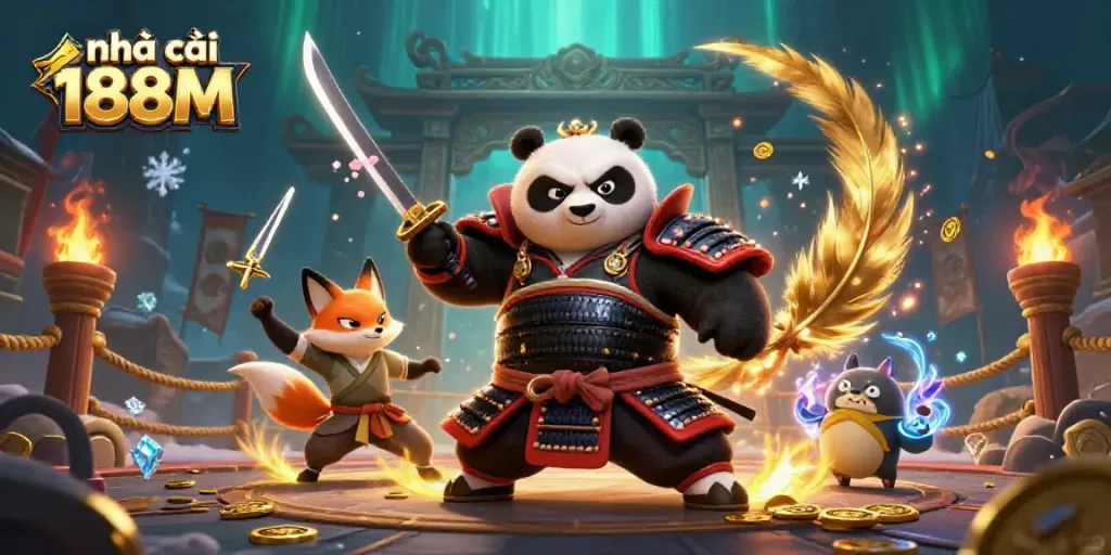 Experience thrilling action with the fierce 3D samurai panda and ninja fox at nhà cái 188M, surrounded by glowing treasures.