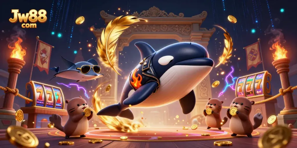 Experience the thrill of Jw88 com with an exciting scene of cartoon characters, coins, and vibrant casino elements.