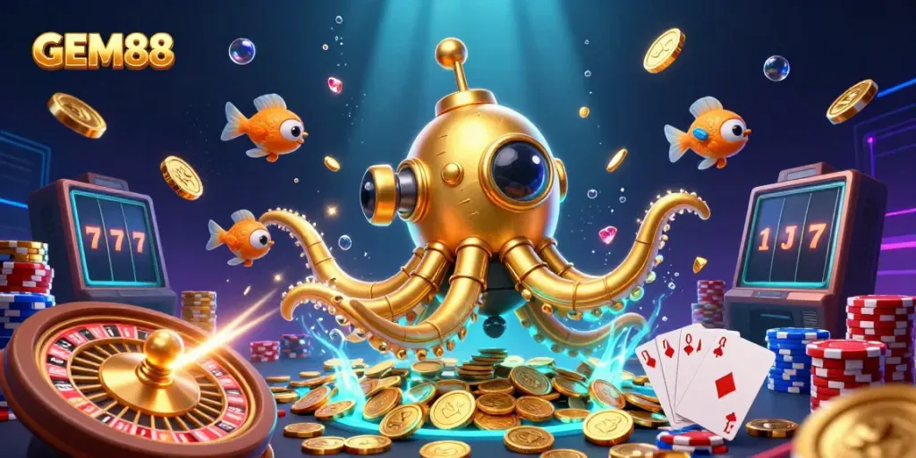 Witness GEM88's exciting gaming universe with a 3D kraken submarine and mechanical fish amidst golden coins.