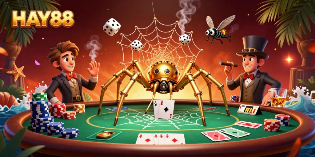 Engage with the vibrant HAY88 casino scene featuring a steampunk spider and gambling elements.