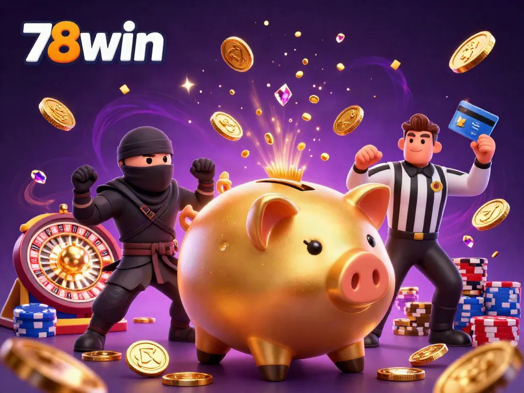 Experience thrilling gameplay as 78win delivers a dynamic casino scene featuring cartoon characters and sparkling gold coins.