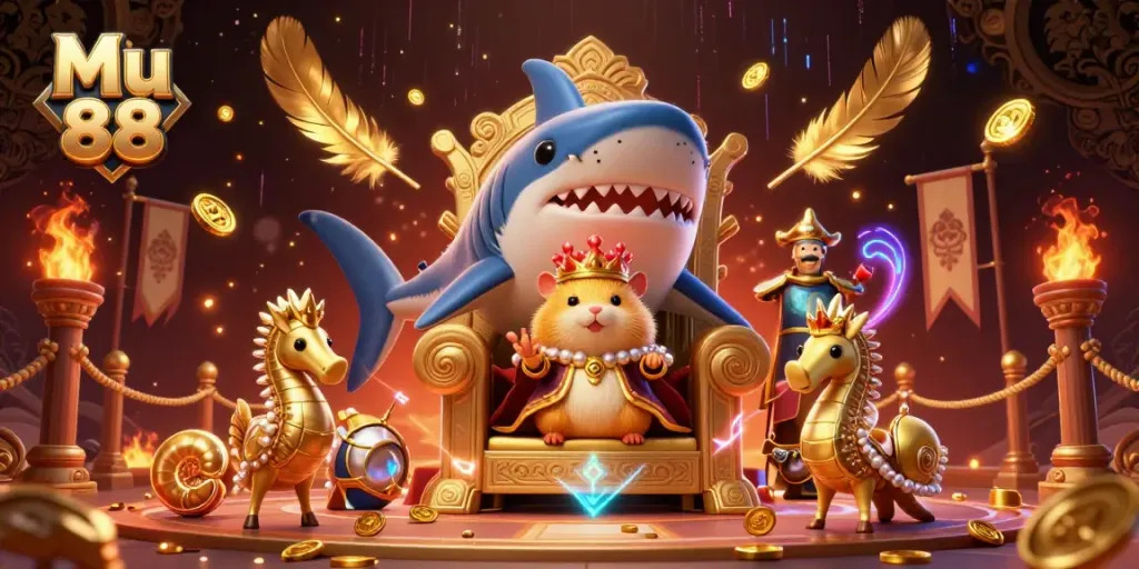 Experience a vibrant gambling scene with Mu 88’s golden hamster king and underwater guards surrounded by coins and betting tokens.