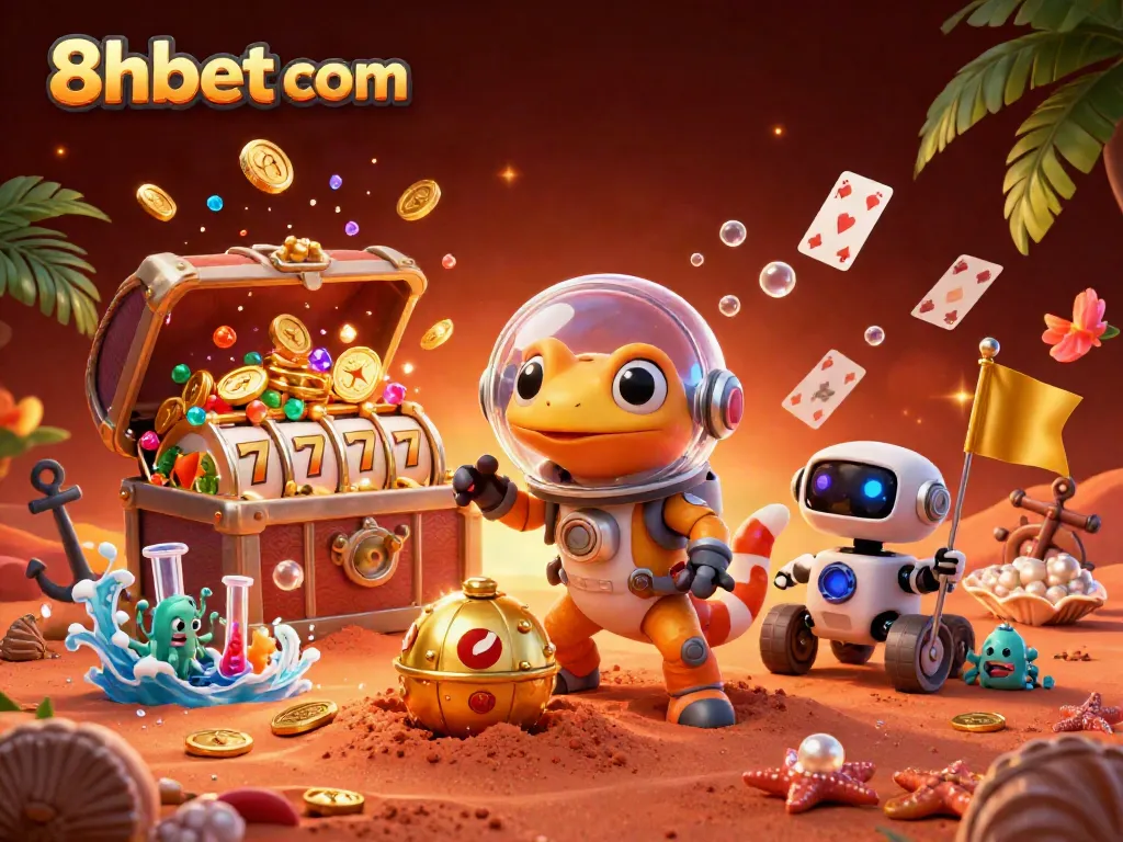 Martian gecko discovers the 8xbet com casino, surrounded by slot reels and treasure.