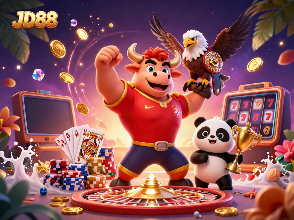 Experience the thrill of JD88 with dynamic 3D characters celebrating victory in a vibrant casino scene.