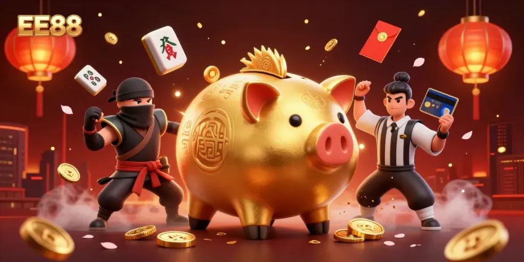 Experience energetic gameplay at EE88 with vibrant casino-themed characters and colorful elements.
