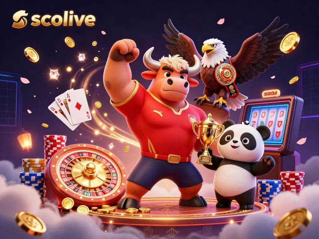 Socolive platform showcasing a cartoon bull mascot, eagle, and panda with vibrant casino elements.