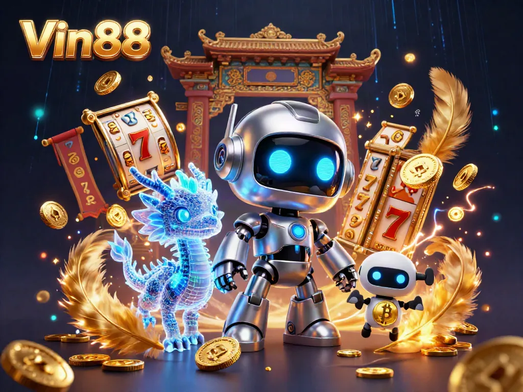 Vin88's vibrant 3D casino illustration showcases exciting slot games, golden coins, and neon-lit characters.
