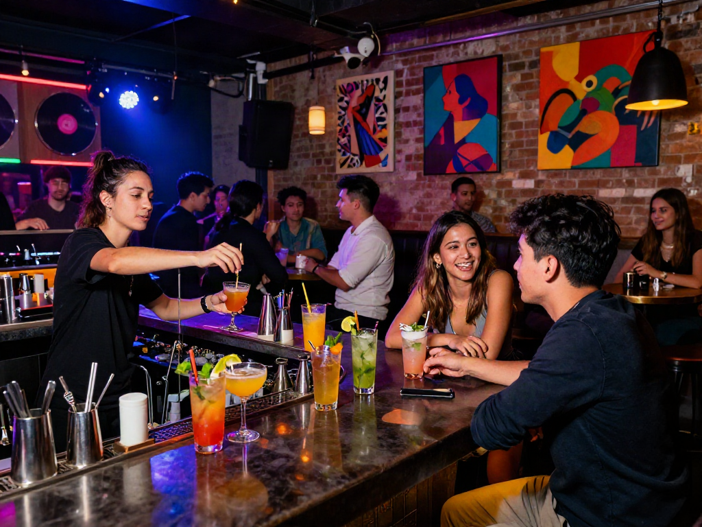 Social atmosphere of an nsfw ai-themed urban nightlife bar with neon lights and vibrant cocktails.