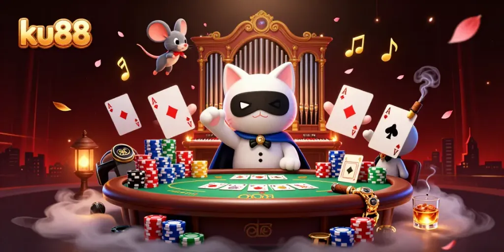 Experience excitement at ku88 casino with a mesmerizing 3D illustration of gaming elements and characters.