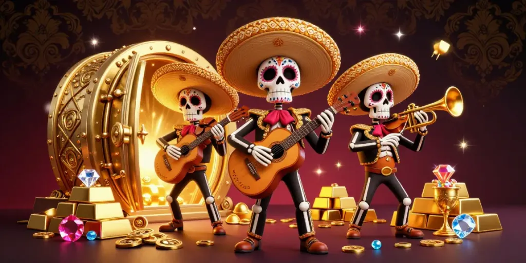 Kèo Nhà Cái vibrant illustration depicting a mariachi band of skeletons with treasure and gems, emphasizing sports betting excitement.