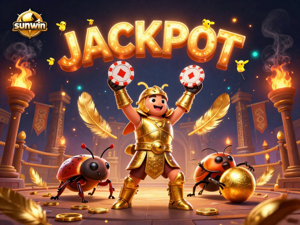 Engage in exciting gameplay at Sunwin with a victorious beetle lifting a poker chip in a vivid casino scene.