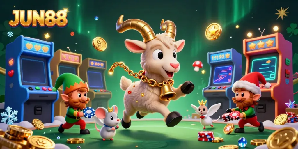 Experience festive gambling fun at JUN88 with dynamic characters and vibrant casino elements.