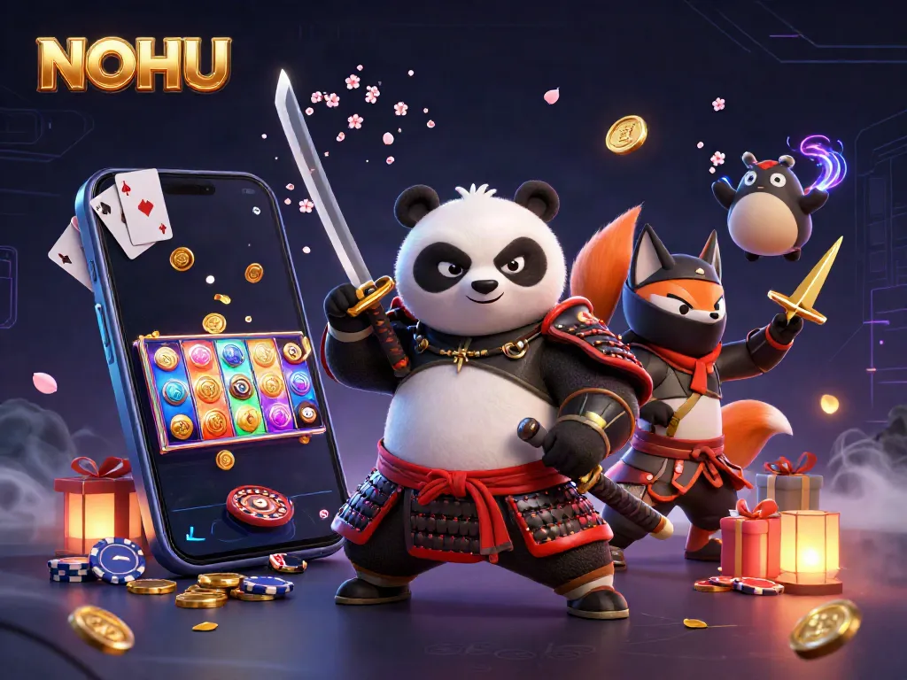 Engage in thrilling jackpot experiences with NOHU's 3D illustration featuring dynamic characters, slot games, and vibrant casino energy.
