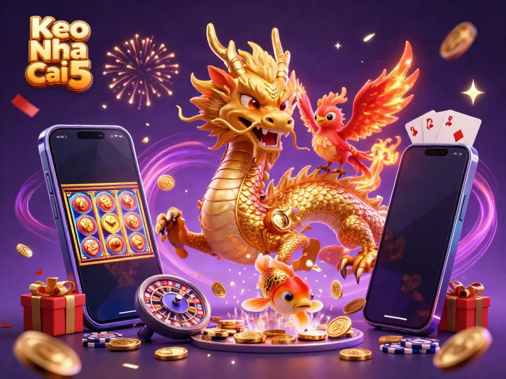 Experience the thrill of Keo Nha Cai 5 as the golden dragon and vibrant phoenix celebrate wins in style.